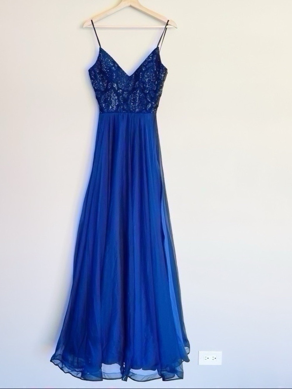 NEW La Femme Women’s Sparkle Lace Chiffon Gown Marine Blue 28664 - Picture 8 of 14
